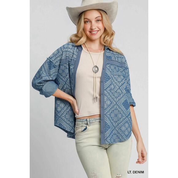 Umgee Paisley Pattern Long Sleeves Buttoned Relaxed Fit Light Denim Shirt Jacket - Picture 5 of 7